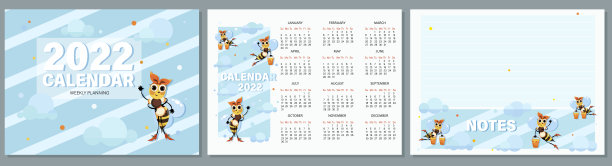 蜜蜂日历2022年。套页日历，儿童笔记本，组织者与可爱的蜜蜂。图片下载