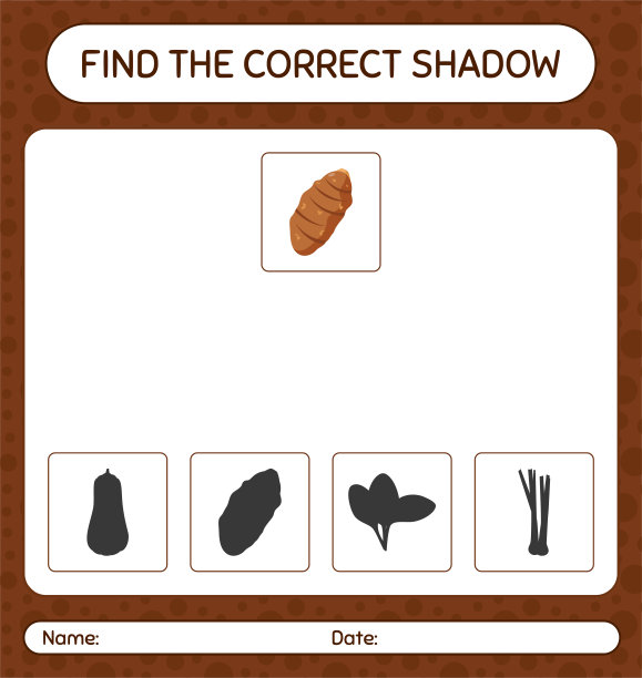 用芋头根找到正确的影子游戏。学龄前儿童的工作表，儿童活动表图片下载