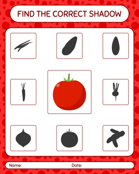 找到正确的番茄阴影游戏。学龄前儿童的工作表，儿童活动表图片下载