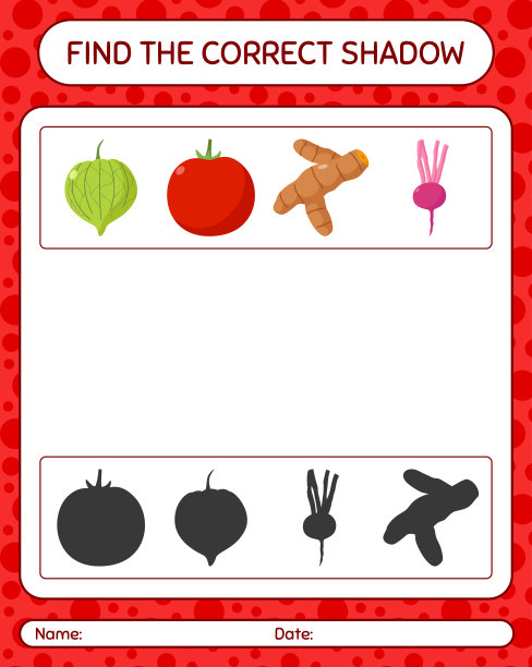 找到正确的蔬菜阴影游戏。学龄前儿童的工作表，儿童活动表图片下载