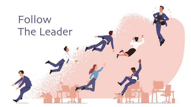 商界人士追随领导者。事业成功榜样奋发图强，吸引激励员工团队同事奋起、成长。男人、女人领导重力概念矢量人物插图图片下载