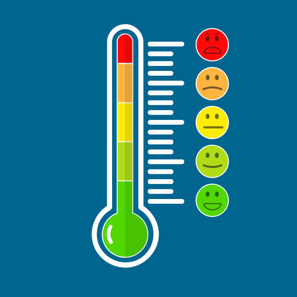蓝色背景上的温度计和心情。冷热表情符号温度符号。平面设计中的矢量插图图片下载