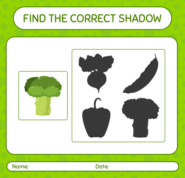 找到正确的花椰菜阴影游戏。学龄前儿童的工作表，儿童活动表图片下载