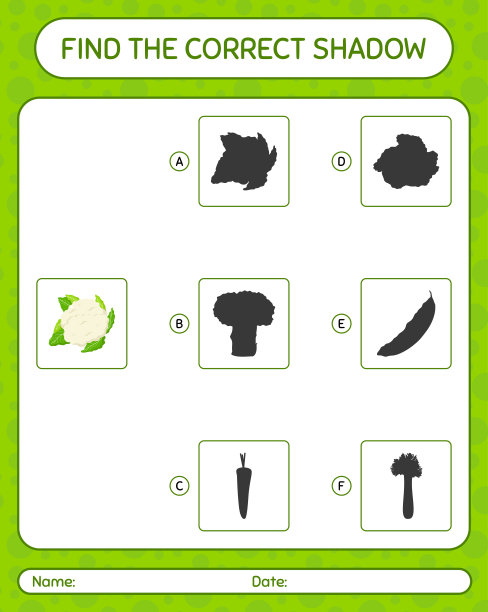 找到正确的阴影游戏与花椰菜。学龄前儿童的工作表，儿童活动表图片下载
