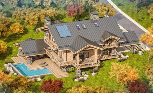 3d渲染的现代舒适的小屋与游泳池和停车场出售或出租。背景是美丽的森林山脉。巨大的木梁和柱子。晴朗的秋日，到处都是金色的树叶。图片下载