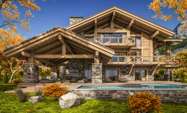 3d渲染的现代舒适的小屋与游泳池和停车场出售或出租。背景是美丽的森林山脉。巨大的木梁和柱子。晴朗的秋日，到处都是金色的树叶。图片下载