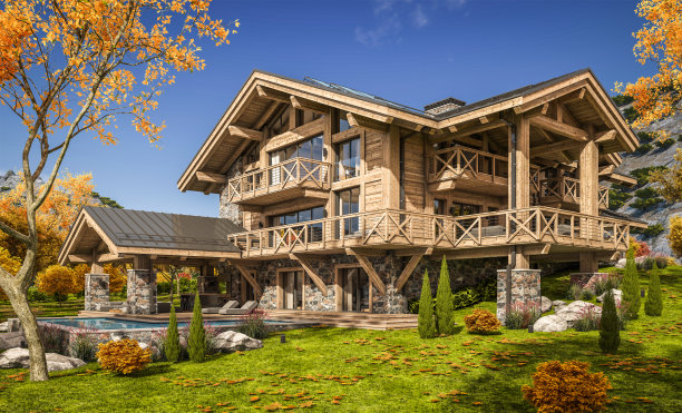 3d渲染的现代舒适的小屋与游泳池和停车场出售或出租。背景是美丽的森林山脉。巨大的木梁和柱子。晴朗的秋日，到处都是金色的树叶。图片下载