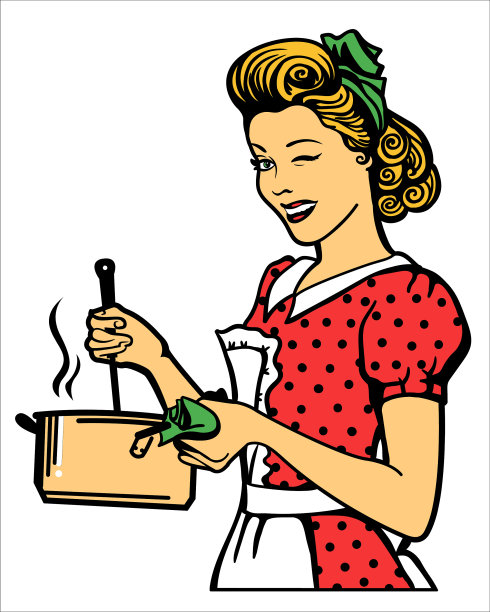复古的年轻女人穿着复古的衣服煮汤图片下载