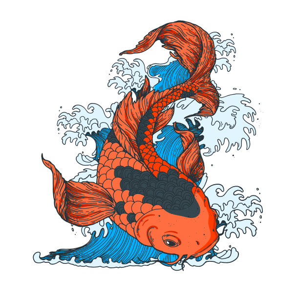锦鲤与日本海浪。矢量插图。纹身打印。手绘插图的t恤打印，织物和其他用途。图片下载