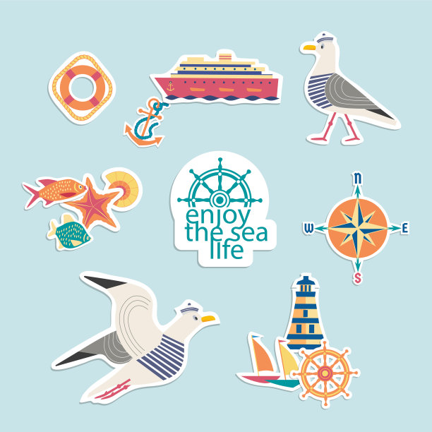 海洋符号可爱风格贴纸集图片下载