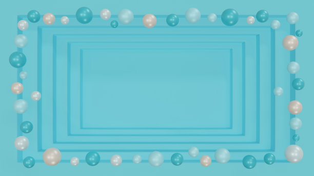 蓝色方形框架透视深度步内装饰珍珠般的粉彩球或气泡漂浮在边界图片下载