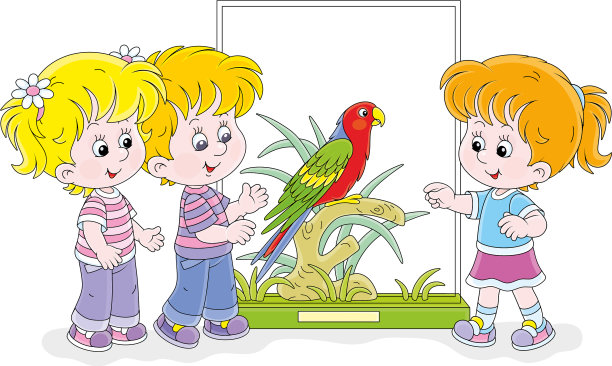 一群小孩在动物园里看鹦鹉图片下载