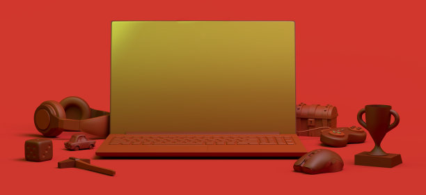 玩家概念与笔记本电脑。横幅。游戏手柄，骰子，耳机，箱子，鼠标，奖品…3 d演示。图片下载