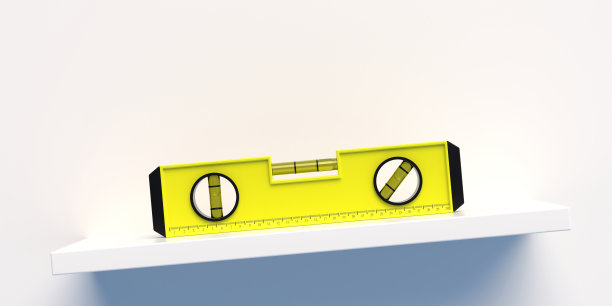 在白色背景上孤立的倾斜架子上的气泡水平仪。三维演示图片下载