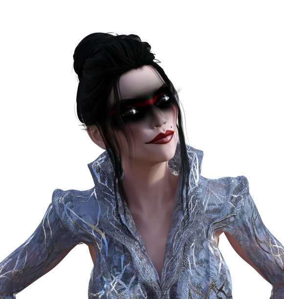 在白色的背景下，一个涂着黑色和红色化妆品的女人歪着头的插图。图片下载