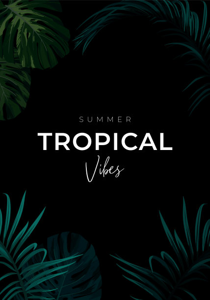 黑暗的夏季热带背景与异国棕榈叶。向量的模板。图片下载