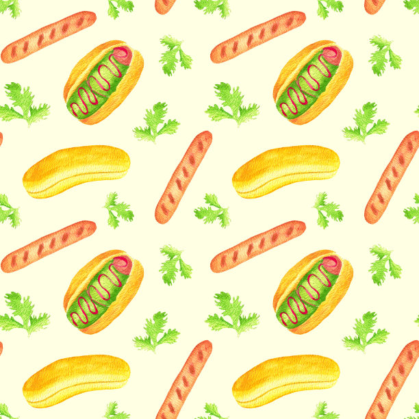 水彩无缝模式热狗和面包，芥末和欧芹。不健康的食物,热量。快餐。设计菜单和包装。图片下载