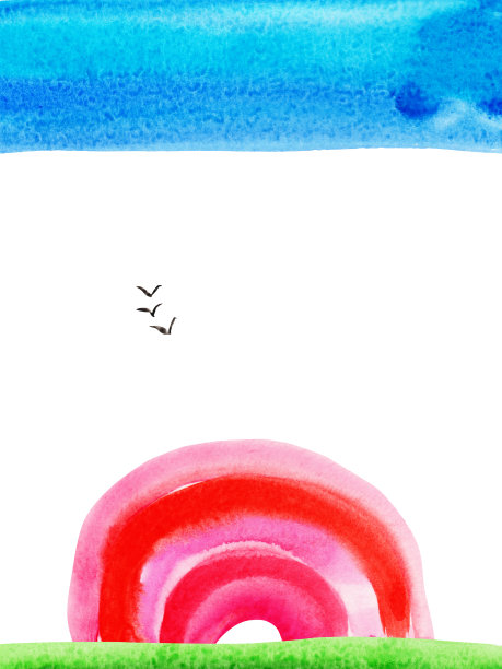 水彩画手绘天真的孩子画彩虹，天空，鸟，草和草地图片下载