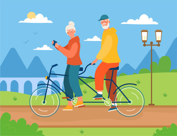 一对可爱的老夫妇在城市里骑自行车图片下载