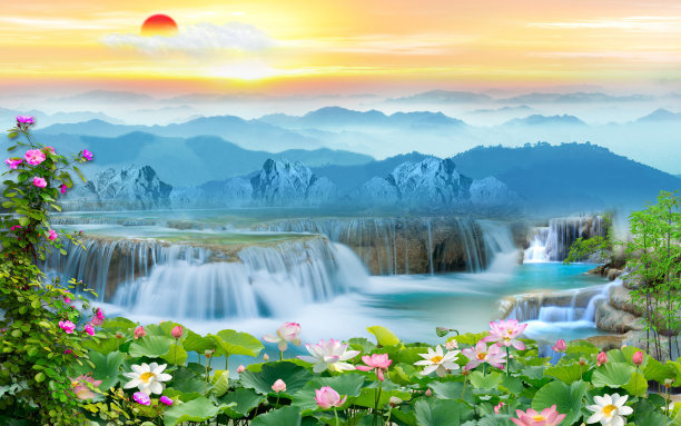 3d壁画彩色景观。花，枝多颜色与树和水。瀑布和日落景色。适合在帆布上印刷图片下载