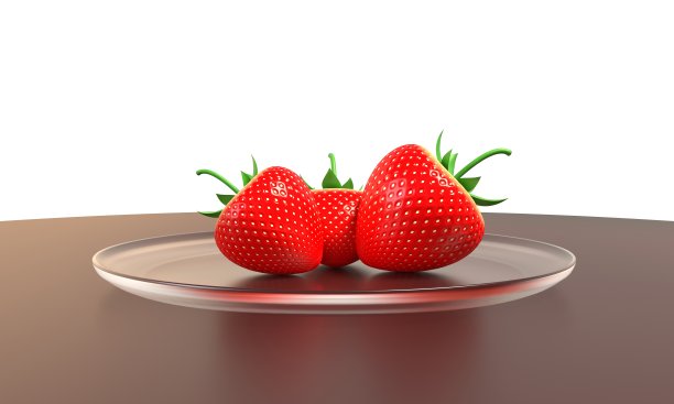 红色成熟的草莓放在磨砂玻璃板上。巧克力色的桌面。三维渲染图片下载
