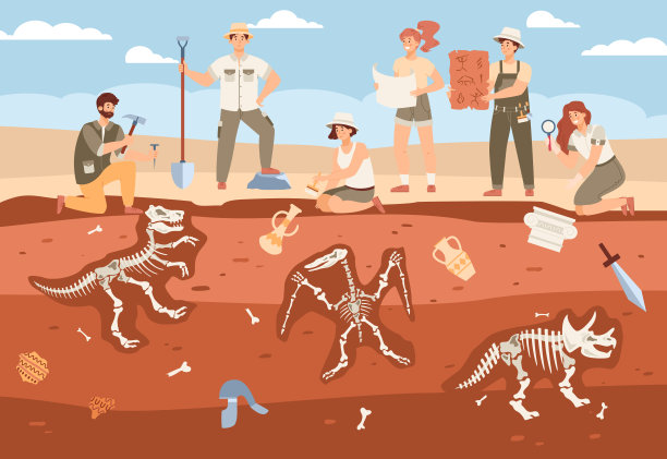 场景中有男、女卡通人物考古学家在进行挖掘工作图片下载