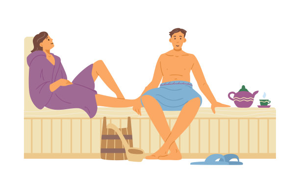 年轻夫妇男人和女人放松在木制长凳在热蒸汽桑拿图片下载