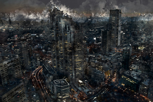 数字水彩画哥特式场景图像视图的现代建筑在东京，日本图片下载