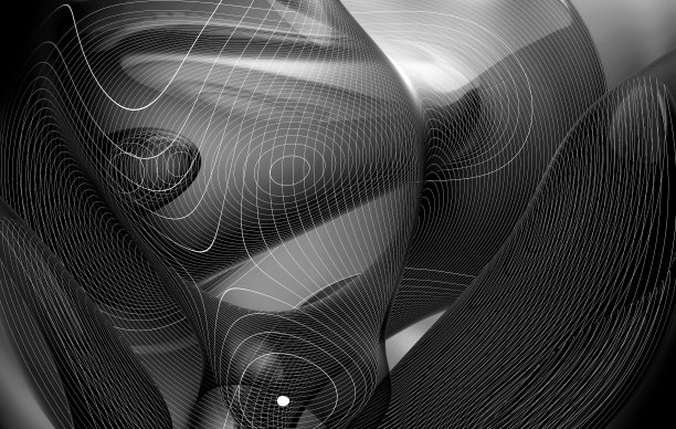 抽象艺术的3d渲染3d黑白单色背景，部分超现实的异域物质以曲线波浪线形式呈现，表面平行圆形条纹图片下载