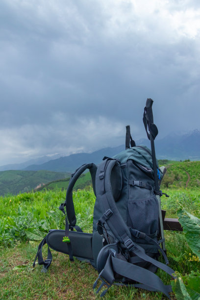 一个带着登山杖的背包站在山间的草丛中图片下载