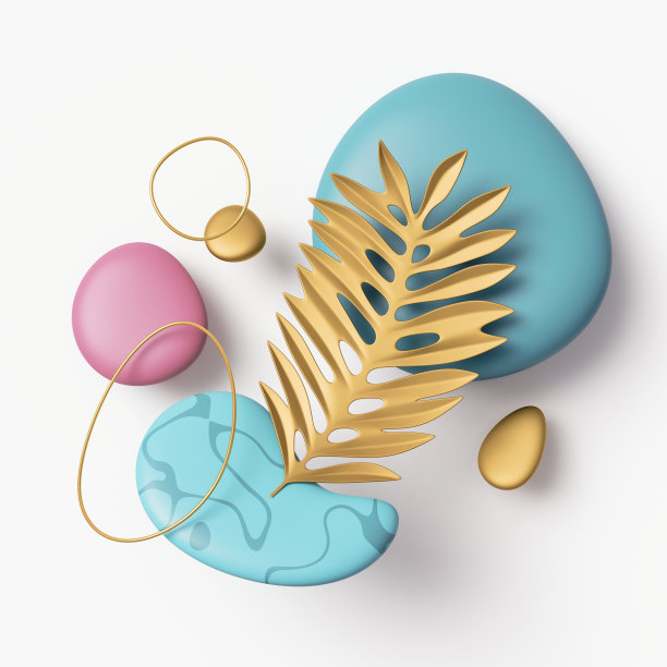 3d渲染，抽象的几何构图装饰热带棕榈叶，金色戒指和粉红色蓝色鹅卵石孤立在白色背景图片下载
