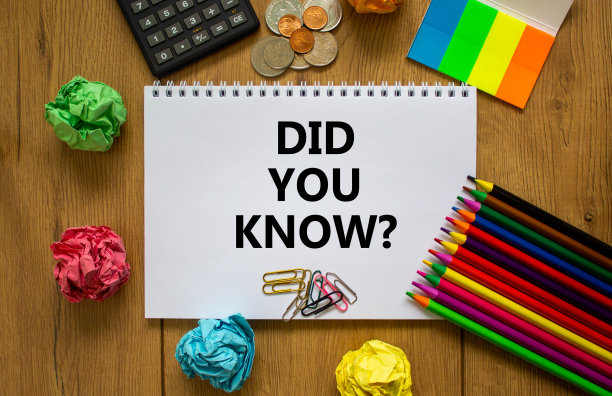 你知道符号吗?漂亮的木桌、彩色纸、彩色铅笔、回形针、硬币和计算器上写着“你知道吗”的白纸条。你知道概念吗。图片下载