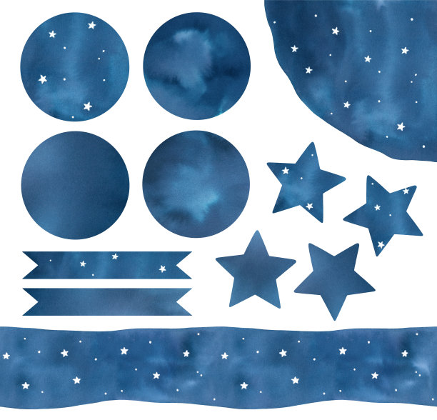水彩插图收集各种星空形状，圆圈，星星和边界。图片下载