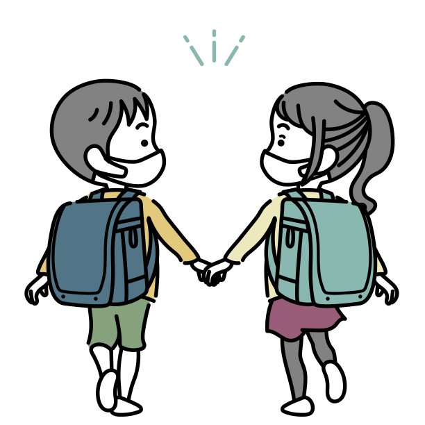 向量插图小学男孩和女孩戴着外科口罩携带新书包图片下载