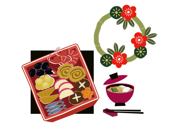 新年的材料。大锅菜插图。新年的菜肴。日本新年。图片下载