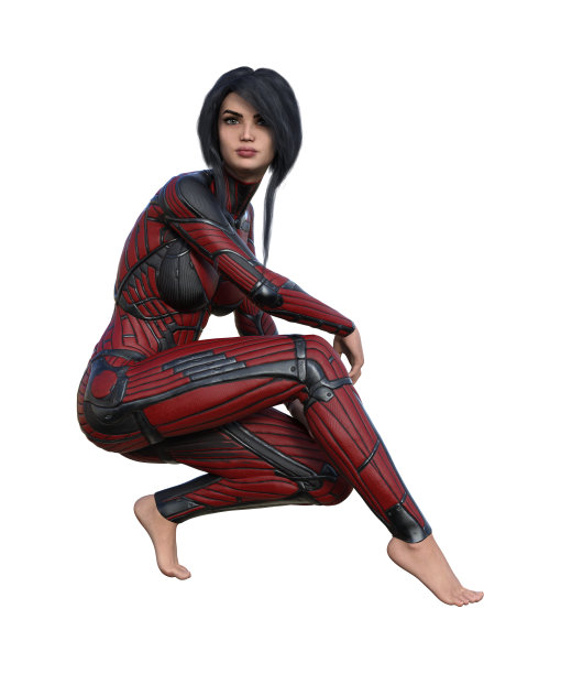 一个美丽的女人穿着合身的红色和黑色的皮衣，赤裸的脚蹲在白色的背景上。图片下载