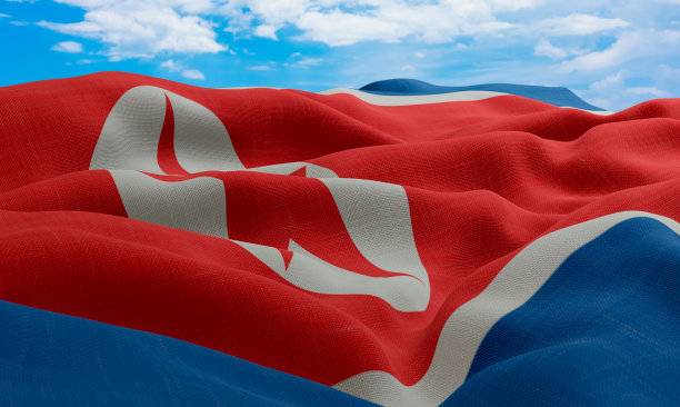 朝鲜国旗在风中飘扬。现实和波浪织物旗。3 d渲染。图片下载