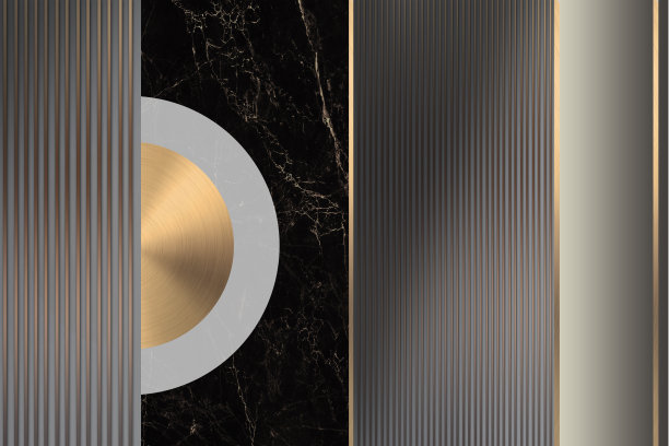 3d现代艺术壁画壁纸。黑色大理石背景下的金色圆圈和装饰性的金色线条。图片下载