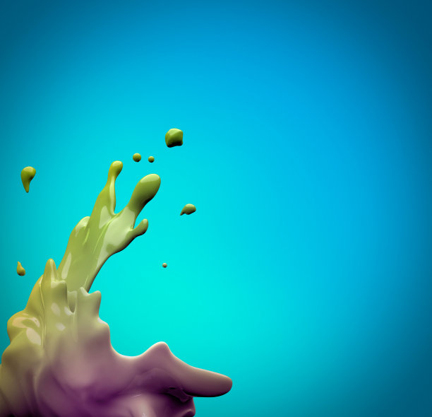 抽象流动的漩涡和飞溅的液体在蓝色背景。为设计用途，产品包装，展示，壁纸，横幅，印刷，销售飞溅的插图。3 d渲染模板。图片下载