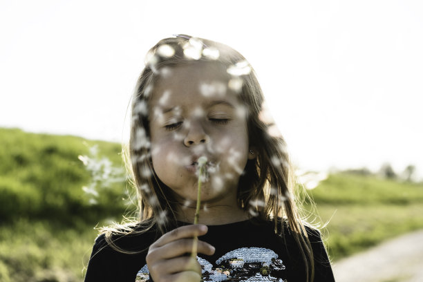 可爱的小女孩带着蒲公英花在一个春天阳光明媚的日子里在乡下-女孩子们在户外玩耍，吹着蒲公英的种子-童年和环境可持续性的概念图片下载