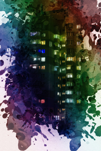 数字水彩画城市公寓的夜晚。美丽的前面图片下载