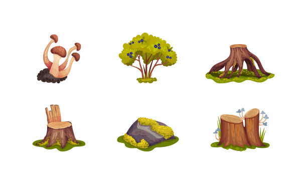森林元素与苔藓树桩蘑菇和图片下载