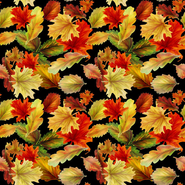 黑色背景上明亮的秋叶的无缝图案。水彩背景与金色和红色的秋天树叶。图片下载