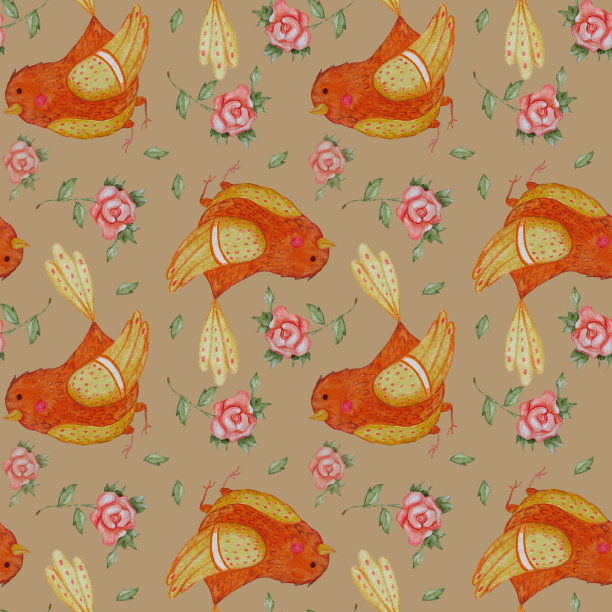 无缝图案与黄橙鸟。装饰可爱的麻雀在米色的背景与鲜花。水彩。插图设计，装饰，纺织品，墙纸，包装，儿童收藏图片下载
