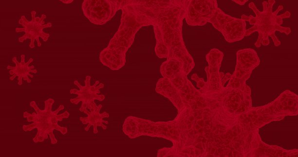 红色背景三维模拟冠状病毒。电子显微镜可视化的艺术渲染图片下载