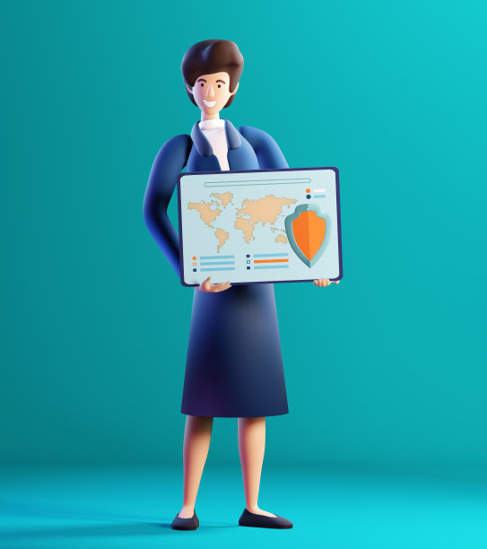 3 d渲染插图。女商人拿着世界牌。数据保护,安全。象征着帮助、支持、咨询和解决问题。图片下载