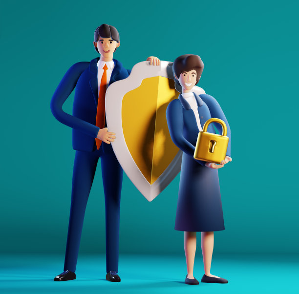 3 d渲染插图。商人们紧握着锁链和盾牌。数据保护,安全。象征着帮助、支持、咨询和解决问题。图片下载