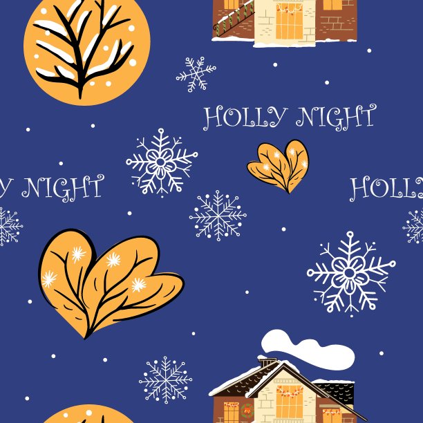 无缝图案手绘与雪的房子，橘子树，雪树，雪花飘落，雪花，冬青的夜晚图片下载