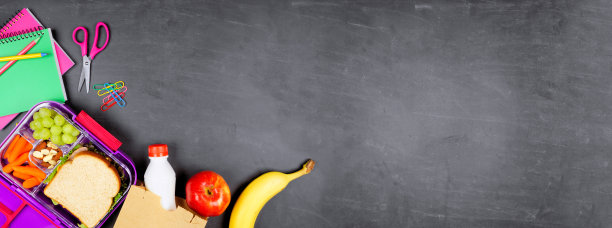 健康的学校午餐盒和学校用品的边角上有一块黑板的横幅背景图片下载