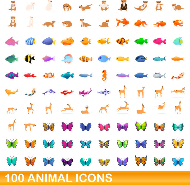 100个动物图标设定卡通风格图片下载